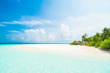 Beautiful tropical Maldives resort hotel and island with beach and sea  and coconut palm tree on sky for holiday vacation background concept - Boost up color Processing