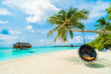Beautiful tropical beach and sea with coconut palm tree on blue sky in Maldives island - Boost up color Processing